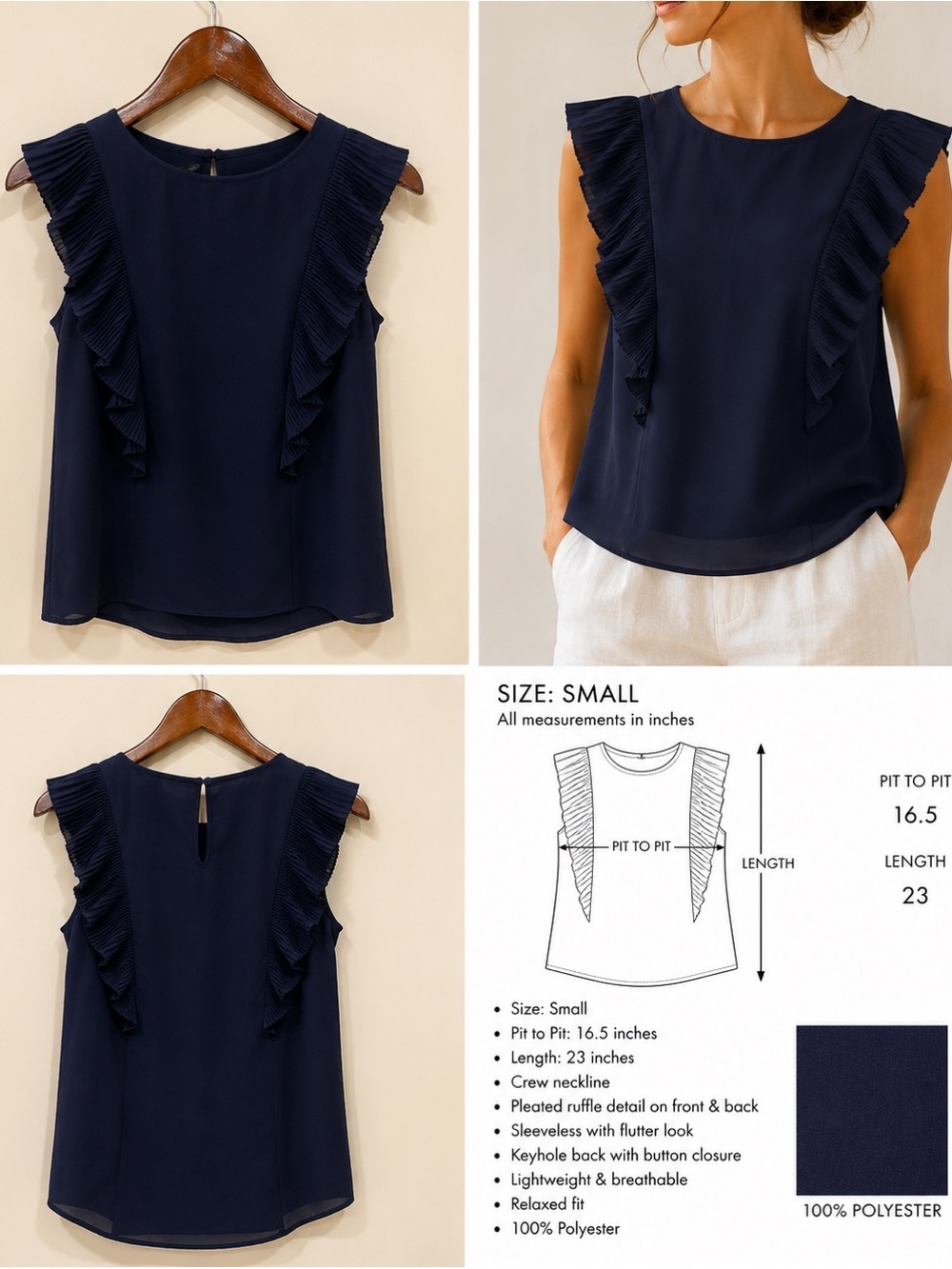 Banana Republic Navy Sleeveless Ruffle Pleated Shell Top